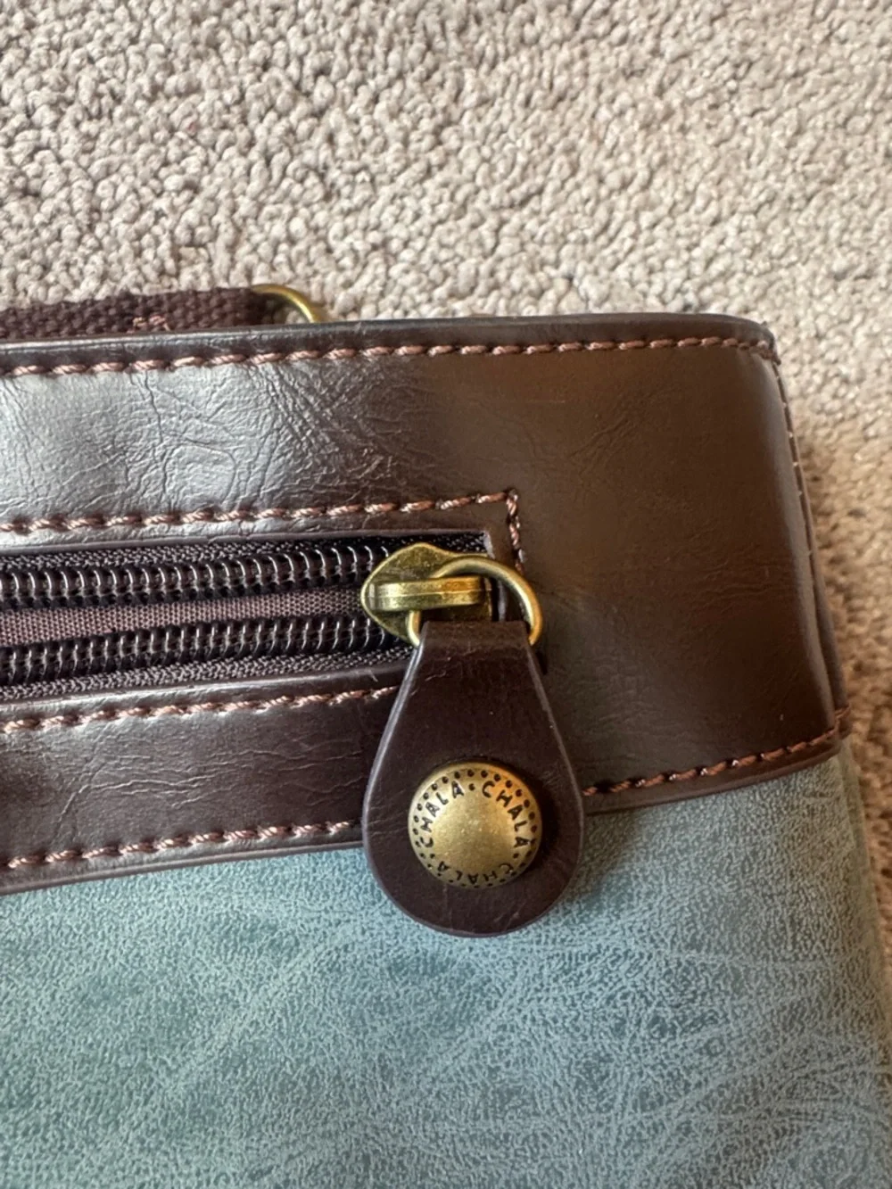 Chala Blue Brown Vegan Leather Crossbody Bag Multi Pocket Boho Purse